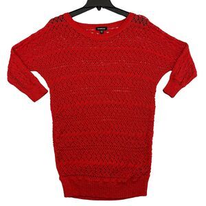 BeBe Sweater Womens Size XS Red Long Open Stitch Crochet 3/4 Sleeve Coverup